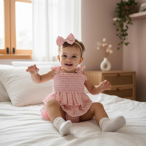 Giraropa Newborn Baby Girl Plaid Romper Outfit Sleeveless Smocked Romper Infant Baby Cute Gingham Clothes in Saudi Arabia