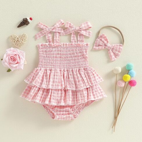 Giraropa Newborn Baby Girl Plaid Romper Outfit Sleeveless Smocked Romper Infant Baby Cute Gingham Clothes in Saudi Arabia