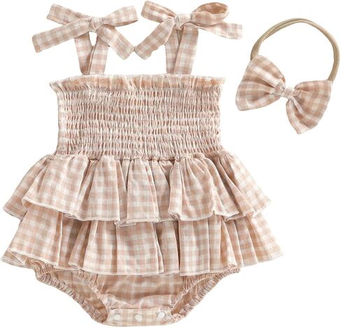 Giraropa Newborn Baby Girl Plaid Romper Outfit Sleeveless Smocked Romper Infant Baby Cute Gingham Clothes in Saudi Arabia