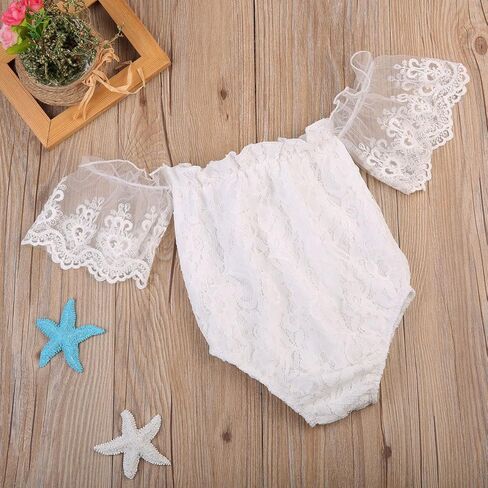 Infant Baby Girl White Hollow Ruffles Sleeve Lace Romper Sunsuit Bodysuit in Saudi Arabia
