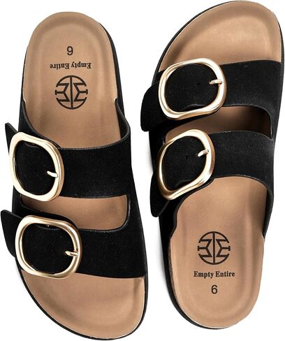 Women's Cork Sandals with Arch Support – Fashion Slides with Double Oversized Metal Buckle and Soft Microfiber Suede Upper – Comfortable Sandals for Women in Kuwait