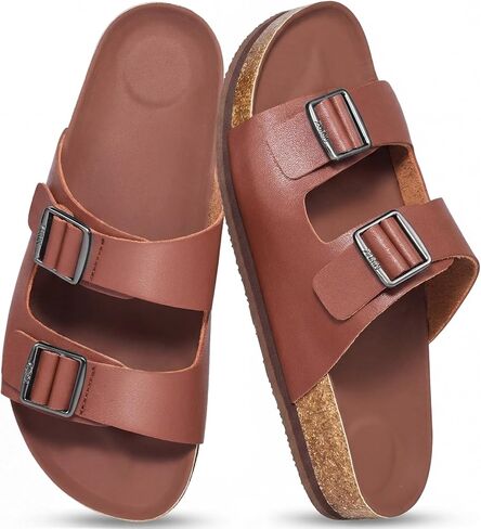 ZURIN Genuine Leather Sandals for Women，Cork Footbed Slide Platform Sandals with Arch Support, Suede Double Buckle Slip On Slides for Summer Beach Walking Indoor Outdoor in Kuwait