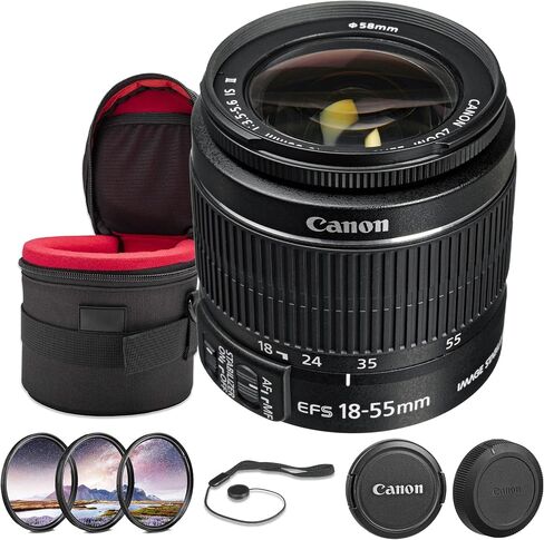 مجموعة عدسات Canon EF-S 18-55mm f/3.5-5.6 عبارة عن مجموعة عدسات II | تكبير APS-C مع تثبيت بصري للصورة وتصميم خفيف الوزن ونطاق بؤري متعدد الاستخدامات | للسفر والصور اليومية (2042B002) + طقم التصفية + المزيد in Kuwait