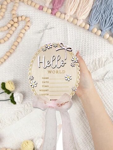 لافتة إعلان الطفل مقاس 5.9 بوصة خشبية Hello World لافتة منقوشة لحديثي الولادة مع وسادة شريطية لتصوير حديثي الولادة، حمام الطفل، علامة تذكار ريفية لإعلان الولادة في المستشفى (نمط الفراشة) in Kuwait