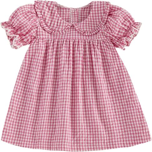 Baby Girls Summer Outfit Peter Pan Collar Puff Short Sleeve Gingham A Line Dress Toddler Plaid Dress Spring Clothes in Kuwait
