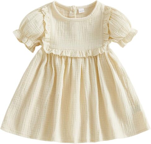 Kupretty Toddler Girl Dress Baby Summer Clothes Linen Ruffle Puff Short Sleeve A-line Boho Dresses Princess Beach Dress in Kuwait