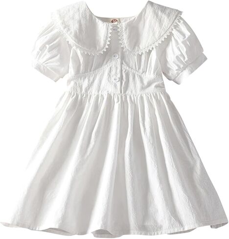 Toddler Girl Peter Pan Collar Dress Girls Lace Puff Sleeve Breathable Cotton White Dresses Baby Birthday Outfit in Saudi Arabia