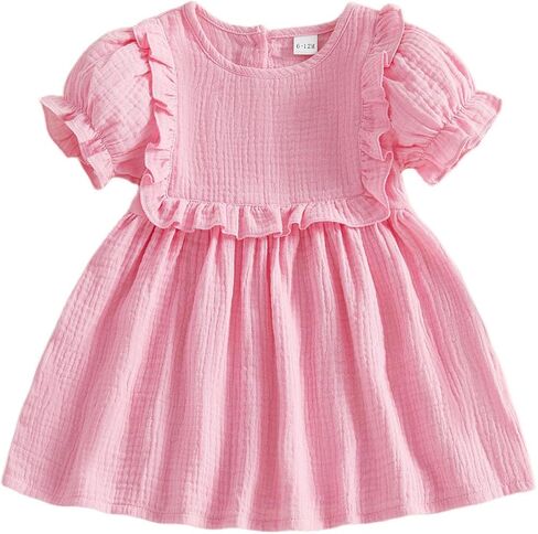 Sejardin Toddler Baby Girl Dress Cotton Linen Short Sleeve Crew Neck Ruffle A-Line Dress Infant Summer Clothes in Kuwait