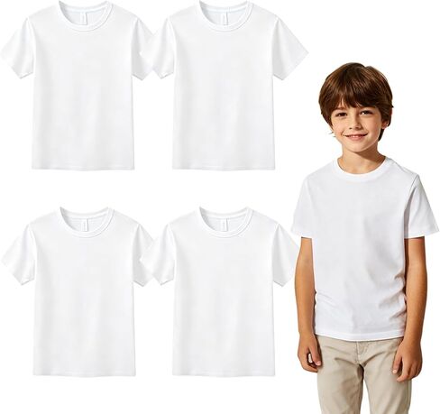 OKBA 4 Pack Unisex Kids Sublimation Blank T-Shirt Bulk, White Polyester Crew Neck Short Sleeve Tee for Boys Girls in Kuwait