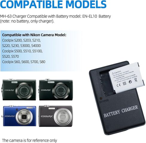 شاحن MH-63 لبطارية نيكون ENEL10 EN-EL10 متوافقة مع كاميرات Nikon Coolpix S200، S203، S210، S220، S230، S3000، S4000، S500، S510، S5100، S520، S570 in Kuwait