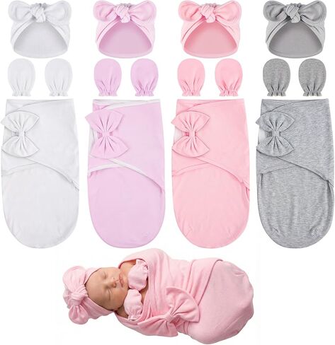 Ramede 4 Pack Baby Swaddle Blanket with Hats & Mittens, Preemie Swaddle Set for Baby Adjustable Infant Outfit for 0-3 Months in Saudi Arabia