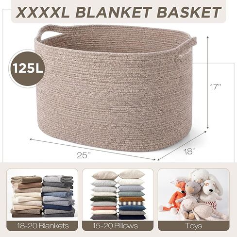 XXXXL 125L Extra Large Woven Blanket Basket, 25" x 18" x 17" Jumbo Cotton Rope Storage Basket with Handles Toy Storage Bins for Laundry Hamper Nursery Organizer Living Room Home(Natural Linen) in Saudi Arabia