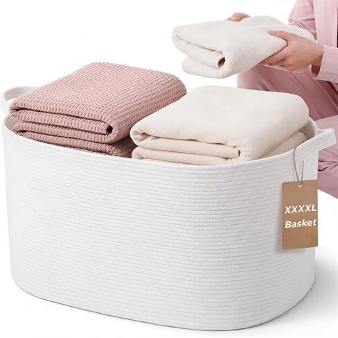 XXXXL 125L Extra Large Woven Blanket Basket, 25" x 18" x 17" Jumbo Cotton Rope Storage Basket with Handles Toy Storage Bins for Laundry Hamper Nursery Organizer Living Room Home(Natural Linen) in Saudi Arabia