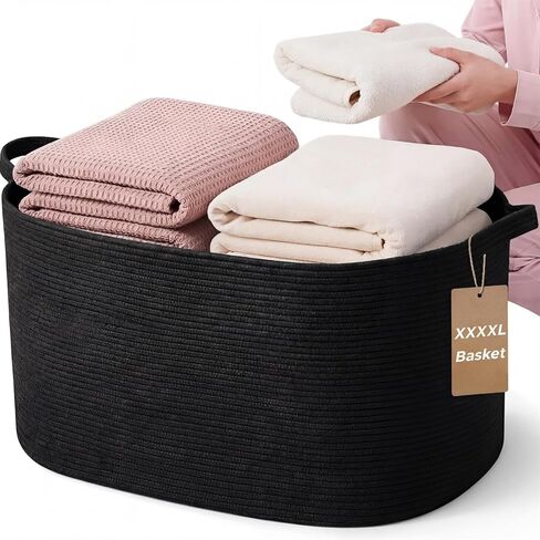 XXXXL 125L Extra Large Woven Blanket Basket, 25" x 18" x 17" Jumbo Cotton Rope Storage Basket with Handles Toy Storage Bins for Laundry Hamper Nursery Organizer Living Room Home(Natural Linen) in Saudi Arabia