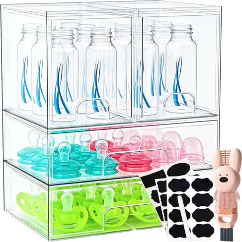 TOOGE Stackable Baby Bottle Organizer: Acrylic Bottle Organizer Baby Storage Drawers Clear Bottle Station Organization for Countertop Cabinet Vanity with 4 in 1 Cup Lid Cleaning Brush & Label - Wide in Kuwait