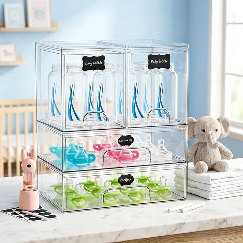 TOOGE Stackable Baby Bottle Organizer: Acrylic Bottle Organizer Baby Storage Drawers Clear Bottle Station Organization for Countertop Cabinet Vanity with 4 in 1 Cup Lid Cleaning Brush & Label - Wide in Kuwait