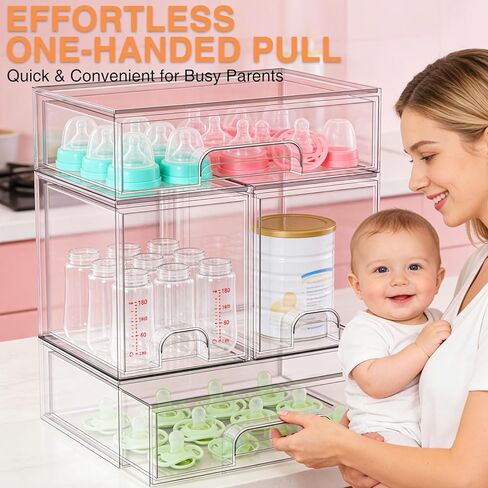 TOOGE Stackable Baby Bottle Organizer: Acrylic Bottle Organizer Baby Storage Drawers Clear Bottle Station Organization for Countertop Cabinet Vanity with 4 in 1 Cup Lid Cleaning Brush & Label - Wide in Kuwait