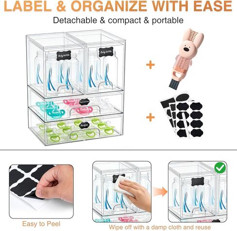 TOOGE Stackable Baby Bottle Organizer: Acrylic Bottle Organizer Baby Storage Drawers Clear Bottle Station Organization for Countertop Cabinet Vanity with 4 in 1 Cup Lid Cleaning Brush & Label - Wide in Kuwait