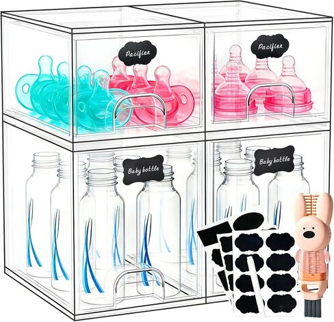 TOOGE Stackable Baby Bottle Organizer: Acrylic Bottle Organizer Baby Storage Drawers Clear Bottle Station Organization for Countertop Cabinet Vanity with 4 in 1 Cup Lid Cleaning Brush & Label - Wide in Kuwait