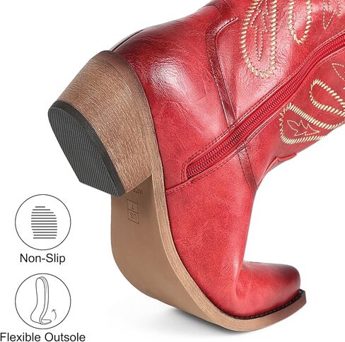 Cowboy Boots For Women - Mid Calf Pointed Toe Western Cowgirl Boots with Zipper Pull On, Chunky Heel, Vintage Faux Leather & Embroidery in Saudi Arabia