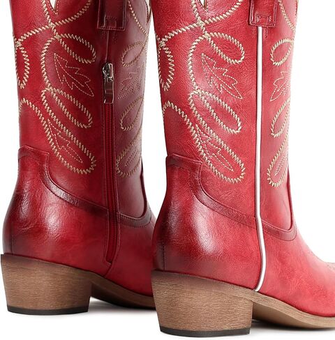 Cowboy Boots For Women - Mid Calf Pointed Toe Western Cowgirl Boots with Zipper Pull On, Chunky Heel, Vintage Faux Leather & Embroidery in Saudi Arabia