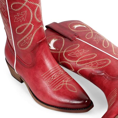Cowboy Boots For Women - Mid Calf Pointed Toe Western Cowgirl Boots with Zipper Pull On, Chunky Heel, Vintage Faux Leather & Embroidery in Saudi Arabia