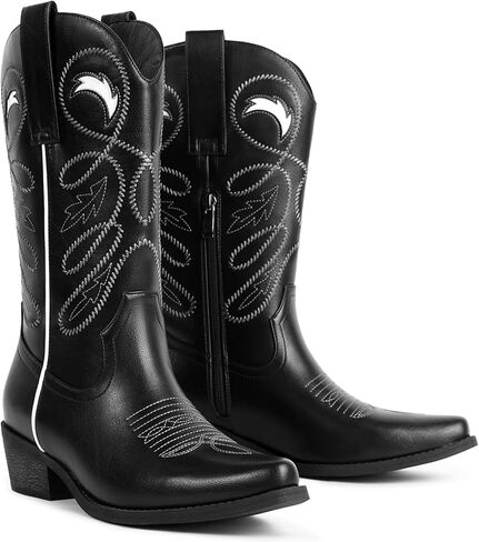 Cowboy Boots For Women - Mid Calf Pointed Toe Western Cowgirl Boots with Zipper Pull On, Chunky Heel, Vintage Faux Leather & Embroidery in Saudi Arabia