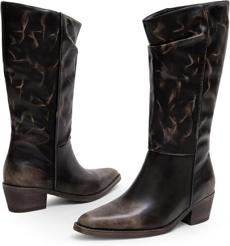 iiimmu Cowboy Boots for Women Cowgirl Western Boots Mid Calf Low Chunky Heel Pointed Toe Pull On in Kuwait