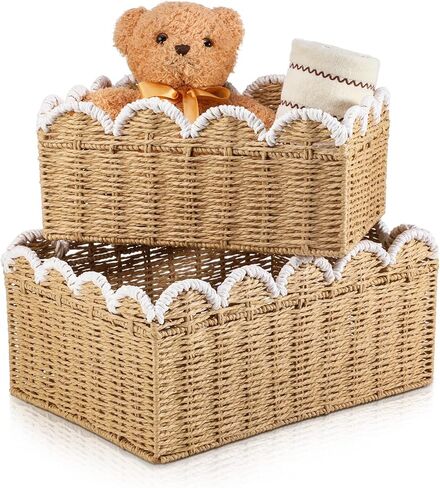 2 Pack Scalloped Wicker Baskets Hand-woven Rattan Basket Paper Rope Scalloped Woven Water Hyacinth Bin for Nursery Bedroom Organizing Decor, 10.6x15x6.7&6x13x8.7in in Kuwait