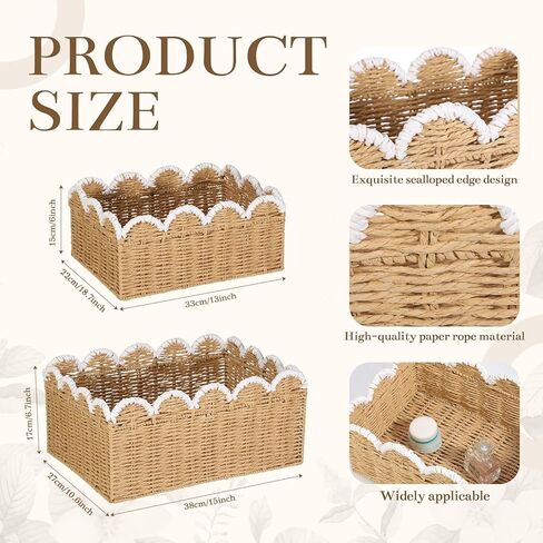 2 Pack Scalloped Wicker Baskets Hand-woven Rattan Basket Paper Rope Scalloped Woven Water Hyacinth Bin for Nursery Bedroom Organizing Decor, 10.6x15x6.7&6x13x8.7in in Kuwait