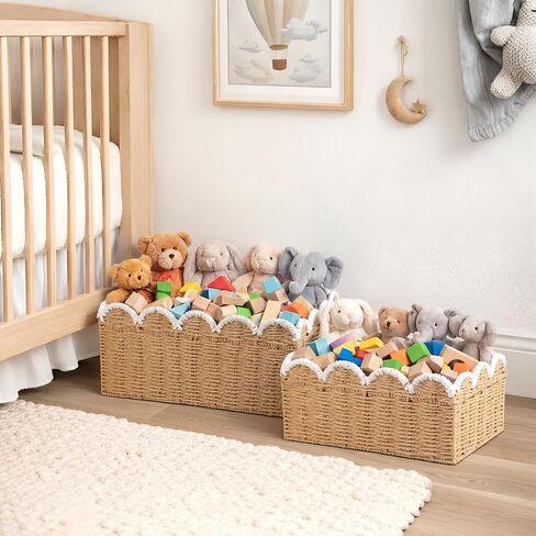 2 Pack Scalloped Wicker Baskets Hand-woven Rattan Basket Paper Rope Scalloped Woven Water Hyacinth Bin for Nursery Bedroom Organizing Decor, 10.6x15x6.7&6x13x8.7in in Kuwait