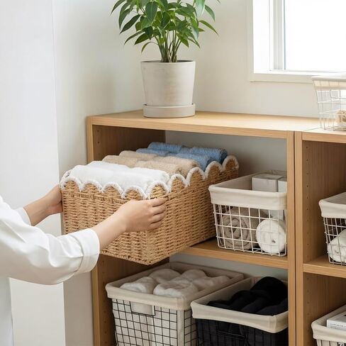 2 Pack Scalloped Wicker Baskets Hand-woven Rattan Basket Paper Rope Scalloped Woven Water Hyacinth Bin for Nursery Bedroom Organizing Decor, 10.6x15x6.7&6x13x8.7in in Kuwait