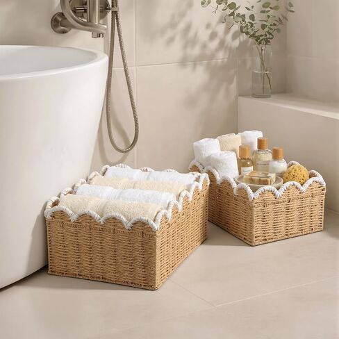 2 Pack Scalloped Wicker Baskets Hand-woven Rattan Basket Paper Rope Scalloped Woven Water Hyacinth Bin for Nursery Bedroom Organizing Decor, 10.6x15x6.7&6x13x8.7in in Kuwait