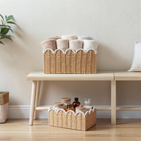 2 Pack Scalloped Wicker Baskets Hand-woven Rattan Basket Paper Rope Scalloped Woven Water Hyacinth Bin for Nursery Bedroom Organizing Decor, 10.6x15x6.7&6x13x8.7in in Kuwait