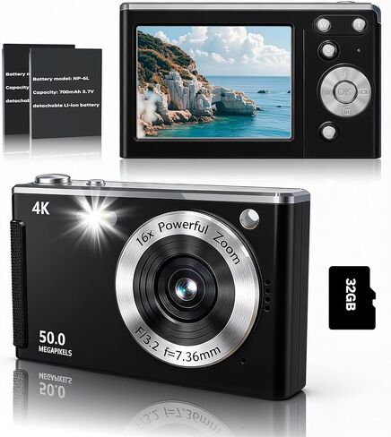 كاميرا رقمية 4K للتركيز التلقائي للتصوير الفوتوغرافي، تكبير 16X، كاميرا رقمية مدمجة محمولة بدقة 50 ميجابكسل، كاميرات سفر مدمجة للمبتدئين مع بطاقة 32 جيجابايت in Kuwait