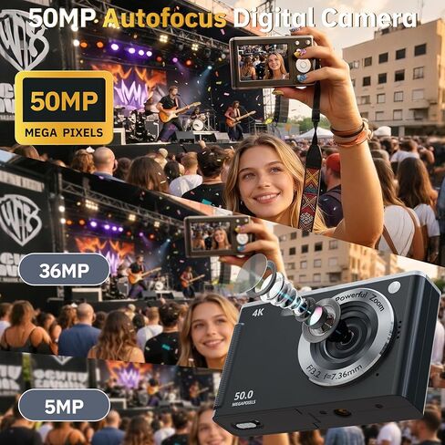 كاميرا رقمية 4K للتركيز التلقائي للتصوير الفوتوغرافي، تكبير 16X، كاميرا رقمية مدمجة محمولة بدقة 50 ميجابكسل، كاميرات سفر مدمجة للمبتدئين مع بطاقة 32 جيجابايت in Kuwait