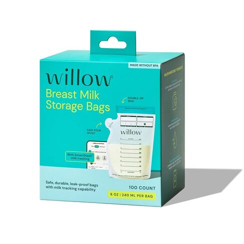 Willow - 8oz Breast Milk Storage Bags - SmartStash Tracking - 100ct - Double Zip Seal for Durability - Freezer & Fridge Breastmilk Storage - Easy Pour Spout - BPA Free - Breastfeeding Essentials in Kuwait