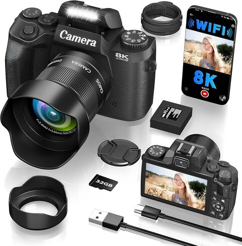 8K Digital Camera, 64MP WiFi Cameras for Photography with 4" Touchscreen, Vlogging Camera for YouTube with 16X Zoom Autofocus Dual Lens, 3000mAh Battery, 32GB Card & Lens Hood (Black) in Kuwait