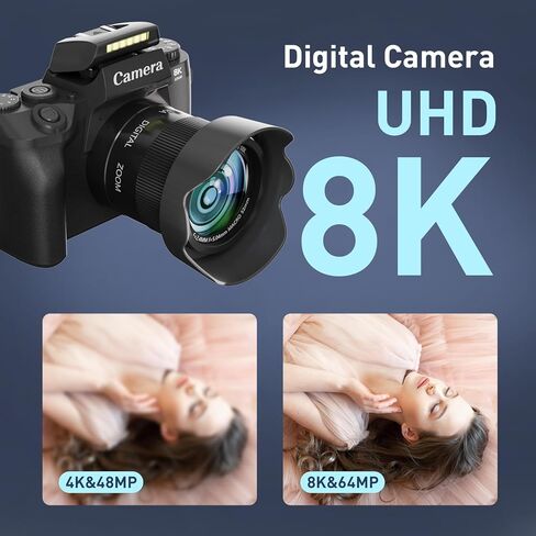 8K Digital Camera, 64MP WiFi Cameras for Photography with 4" Touchscreen, Vlogging Camera for YouTube with 16X Zoom Autofocus Dual Lens, 3000mAh Battery, 32GB Card & Lens Hood (Black) in Kuwait
