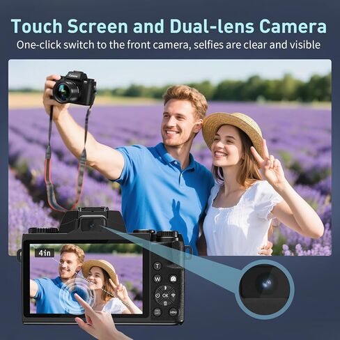 8K Digital Camera, 64MP WiFi Cameras for Photography with 4" Touchscreen, Vlogging Camera for YouTube with 16X Zoom Autofocus Dual Lens, 3000mAh Battery, 32GB Card & Lens Hood (Black) in Kuwait