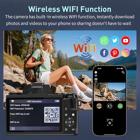 8K Digital Camera, 64MP WiFi Cameras for Photography with 4" Touchscreen, Vlogging Camera for YouTube with 16X Zoom Autofocus Dual Lens, 3000mAh Battery, 32GB Card & Lens Hood (Black) in Kuwait