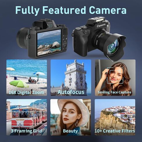 8K Digital Camera, 64MP WiFi Cameras for Photography with 4" Touchscreen, Vlogging Camera for YouTube with 16X Zoom Autofocus Dual Lens, 3000mAh Battery, 32GB Card & Lens Hood (Black) in Kuwait