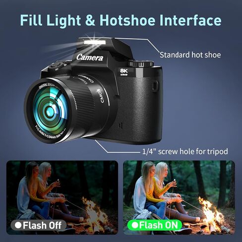 8K Digital Camera, 64MP WiFi Cameras for Photography with 4" Touchscreen, Vlogging Camera for YouTube with 16X Zoom Autofocus Dual Lens, 3000mAh Battery, 32GB Card & Lens Hood (Black) in Kuwait