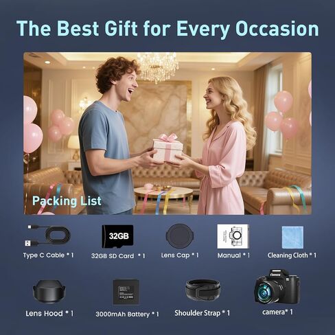 8K Digital Camera, 64MP WiFi Cameras for Photography with 4" Touchscreen, Vlogging Camera for YouTube with 16X Zoom Autofocus Dual Lens, 3000mAh Battery, 32GB Card & Lens Hood (Black) in Kuwait