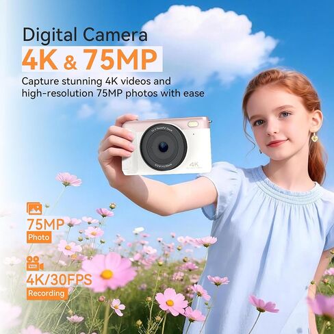 كاميرا رقمية 4K للتصوير الفوتوغرافي، كاميرا مدمجة للتصوير والتقاط الصور، كاميرا تسجيل فيديو بتركيز تلقائي بدقة 75 ميجابكسل مع واي فاي، شاشة قلاب 3 بوصات بزاوية 180 درجة، تكبير 16X مضاد للاهتزاز، 32 جيجابايت SD بطاريتين للمبتدئين والمراهقين in Kuwait
