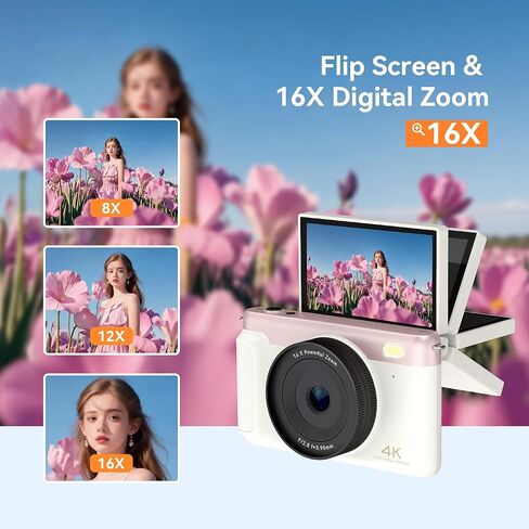 كاميرا رقمية 4K للتصوير الفوتوغرافي، كاميرا مدمجة للتصوير والتقاط الصور، كاميرا تسجيل فيديو بتركيز تلقائي بدقة 75 ميجابكسل مع واي فاي، شاشة قلاب 3 بوصات بزاوية 180 درجة، تكبير 16X مضاد للاهتزاز، 32 جيجابايت SD بطاريتين للمبتدئين والمراهقين in Kuwait