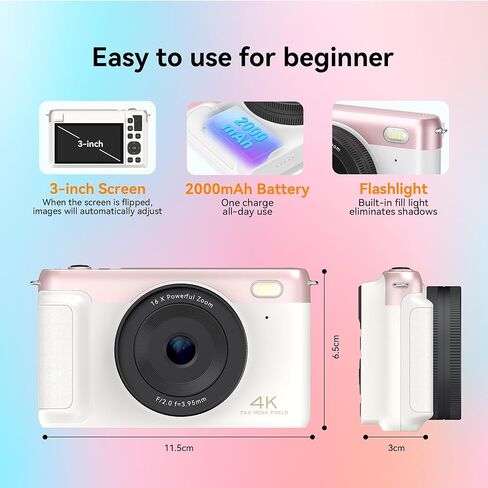 كاميرا رقمية 4K للتصوير الفوتوغرافي، كاميرا مدمجة للتصوير والتقاط الصور، كاميرا تسجيل فيديو بتركيز تلقائي بدقة 75 ميجابكسل مع واي فاي، شاشة قلاب 3 بوصات بزاوية 180 درجة، تكبير 16X مضاد للاهتزاز، 32 جيجابايت SD بطاريتين للمبتدئين والمراهقين in Kuwait