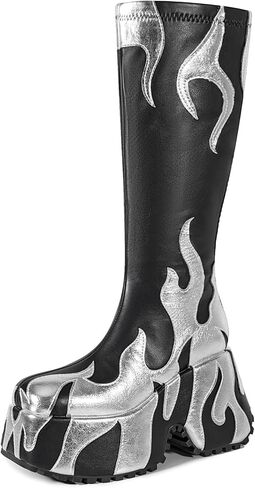 Women's Thick-Soled Stretch Knee-High Boots,Flame-Patterned Side-Zip Round-Toe High-Top Platform Boots in Saudi Arabia