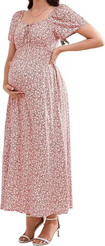 Women's Maternity Floral Square Neck Maxi Dress Summer Short Sleeve Dresses with Pockets Photoshoot Baby Shower in Kuwait