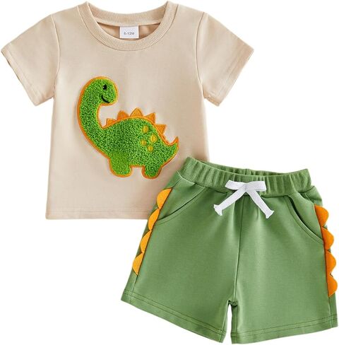 Lamuusaa Infant Baby Boy Dinosaur Outfit Short Sleeve Dinosaur Embroidery T-shirt Jogger Shorts Toddler Summer Clothes in Kuwait